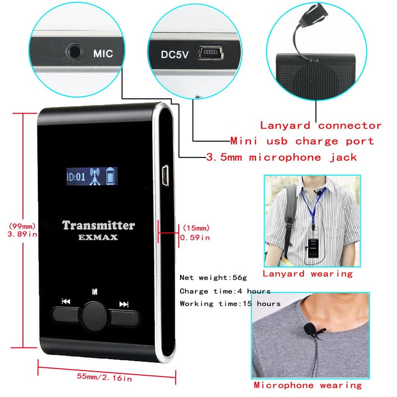 EXMAX EX-100T EX-100 Transmitter + Microphone Only for EX-100 Wireless Tour Guide System Receivers Church Translation Simultaneous Interpreting Teaching Conference Travel Museum Tour(1 Transmitter) - Image 3